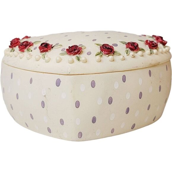 Vintage Large Heart Shaped Lidded Trinket Box With 3D Flowers Hand Painted - Picture 13 of 14